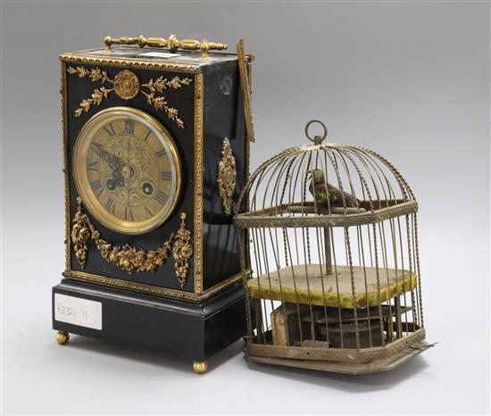A caged singing bird automaton and mantel clock height 27.5cm